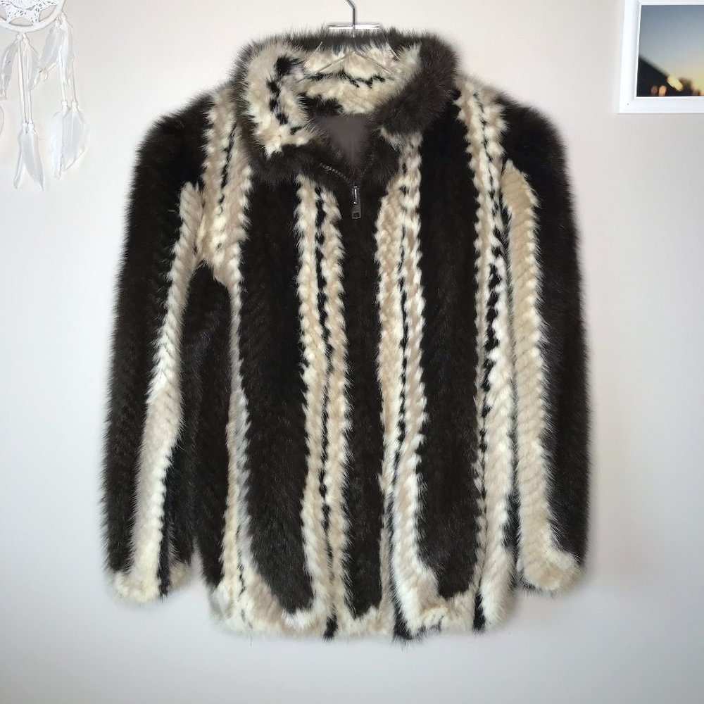 VTG Mink Fur Zipper Front Jacket Coat Beige Brown